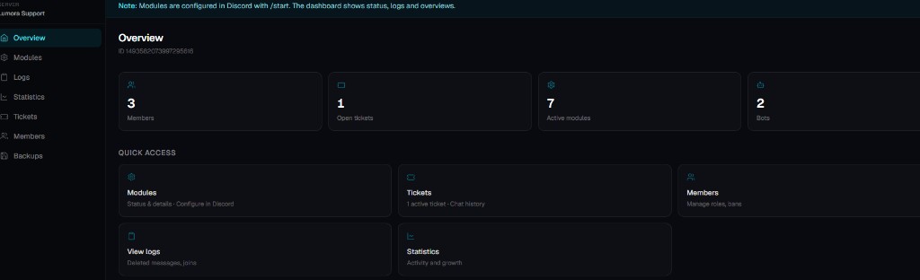 Lumora web dashboard – overview with modules, tickets, members and logs