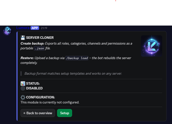 Lumora server cloner – auto-backup, saved backups and restore in Discord